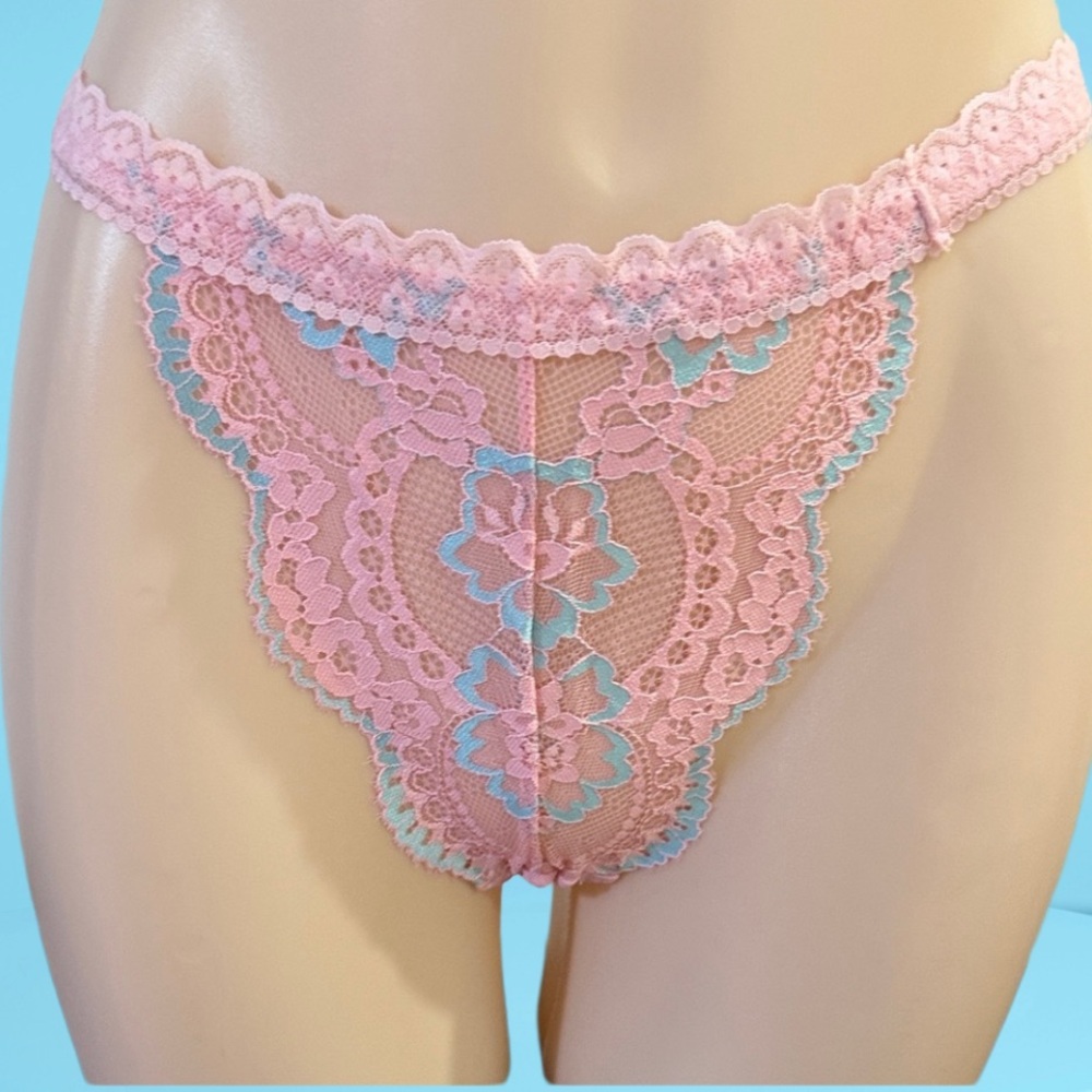 Delicate Pink Lace Bikini Panty with Blue Trim & over the knee socks
